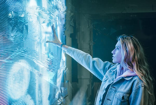 A lady reaching out into a futuristic screen.