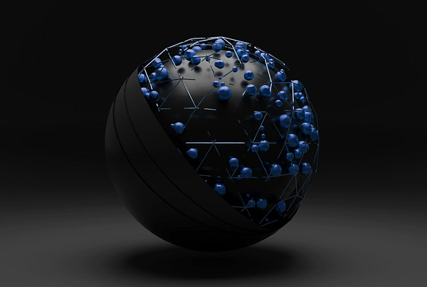 A dark globe with blue spheres attached to it.