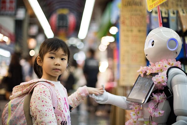 Young girl holding the hand of a robot.